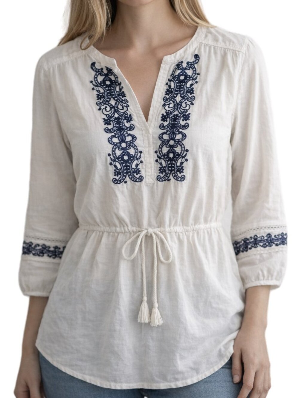 Lauren Ralph Lauren Boho Tunic Top Embroidered Peasant White Petite L